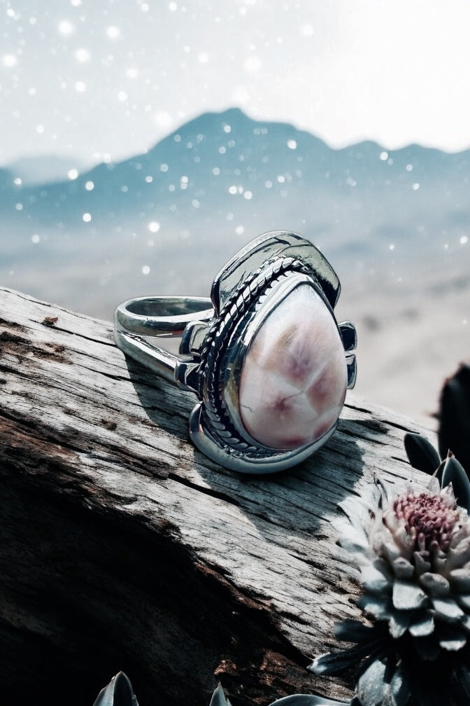 “High Desert Pink Bloom” Pink Larimar and Sterling Silver Ring Size 7 1/4