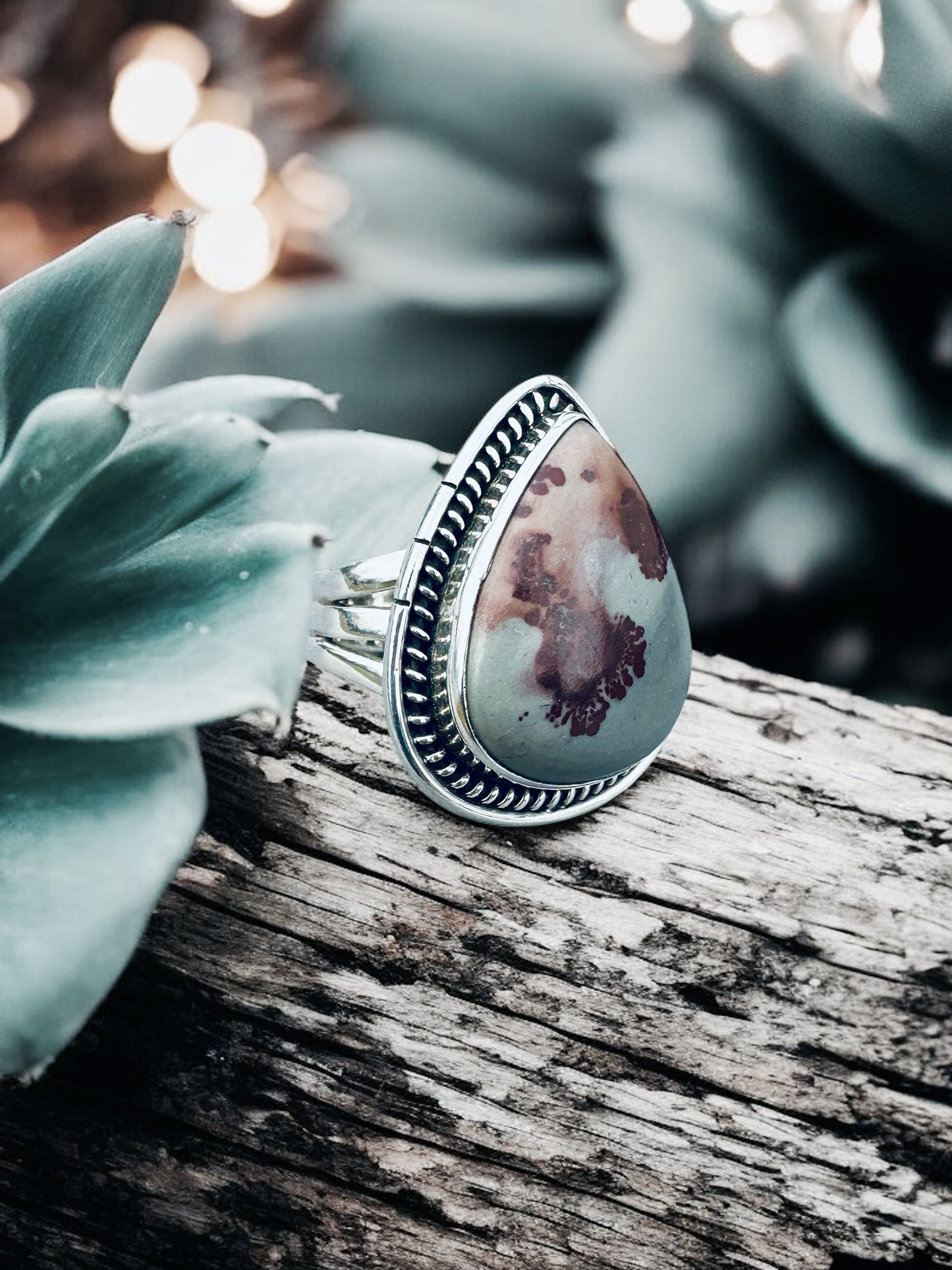 “The Saguaro & Silver | Natural Sonoran Dendritic Jasper & Sterling Silver Ring Size 7 3/4